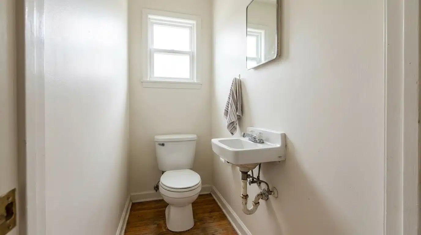 small half bath with a white toilet wall mounted sink mirror window and natural wood flooring