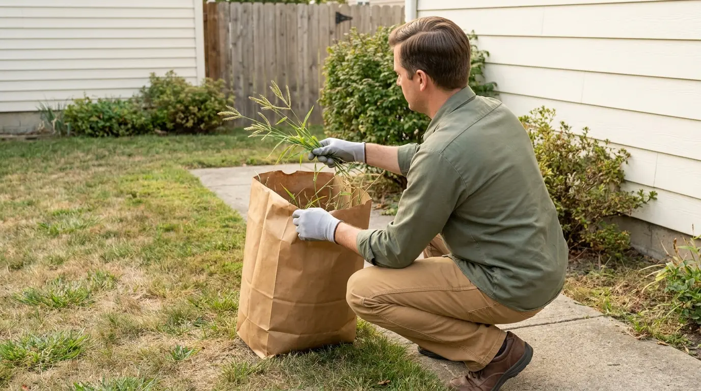 american homeowner bagging mature crabgrass seedheads carefully beside a dry late season lawn