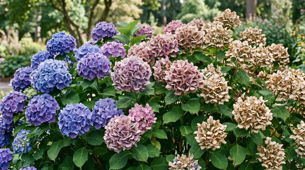 hydrangea shrub with blue and purple blooms fading to pink, tan, and brown along the same branch