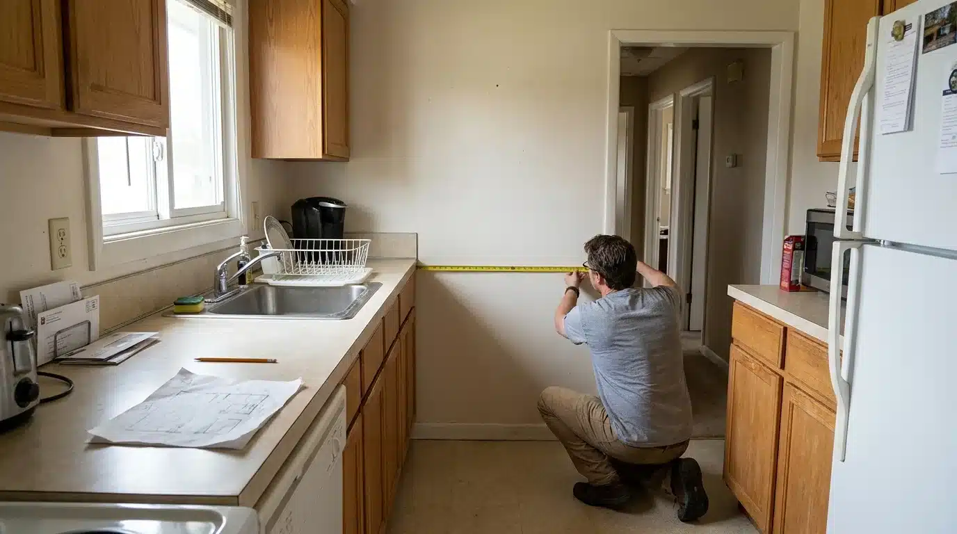 person measuring an open kitchen wall with a tape measure before planning new cabinet sizes