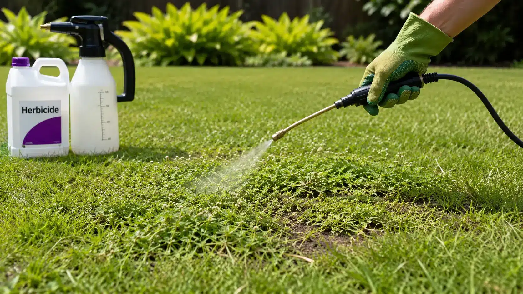 gloved hand sprays a spreading lawn weed, with herbicide containers nearby in bright natural sunlight