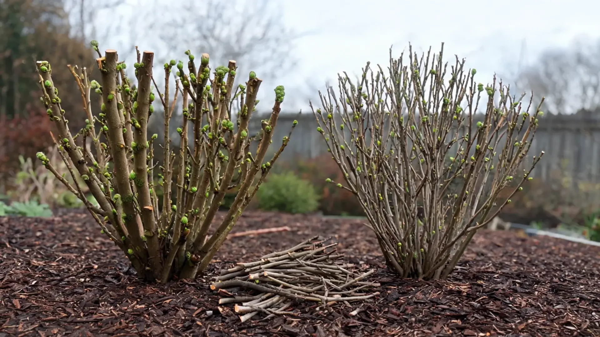 two heavily pruned hydrangea shrubs showing short bare stems and fresh buds in a mulched garden bed