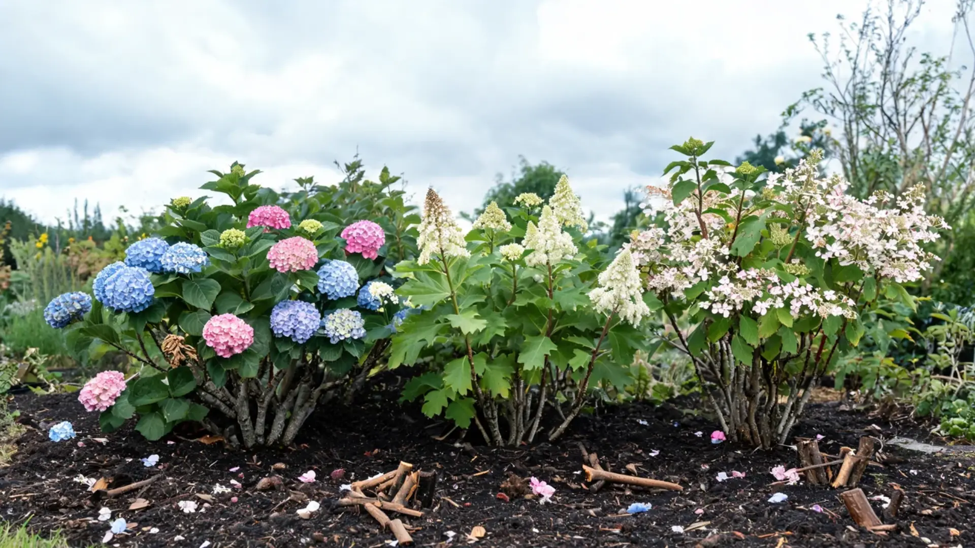 blue pink and white hydrangea shrubs blooming together in a landscaped garden with rich dark mulch
