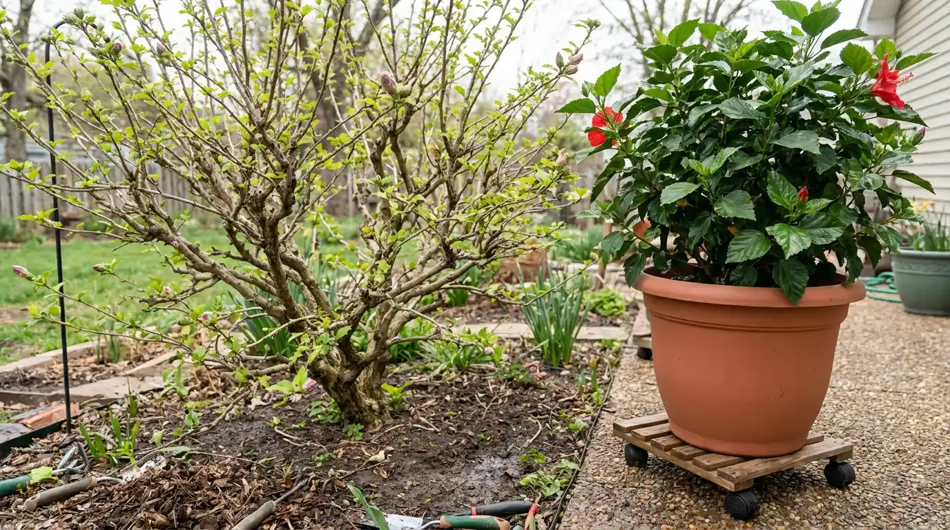 rose of sharon growing outdoors with tropical hibiscus in a container showing different climate needs
