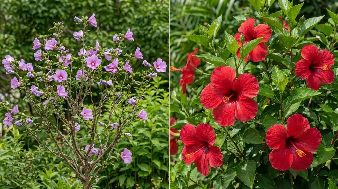 rose of sharon and tropical hibiscus flowers shown close together to compare bloom size and flower form