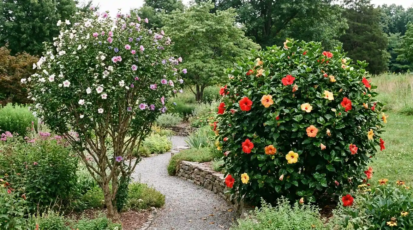 rose of sharon and tropical hibiscus showing upright and rounded plant shapes in a natural garden scene