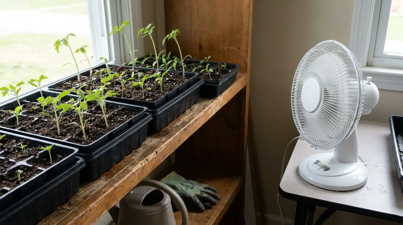 young seedlings in trays beside a small fan providing gentle airflow near a bright indoor window
