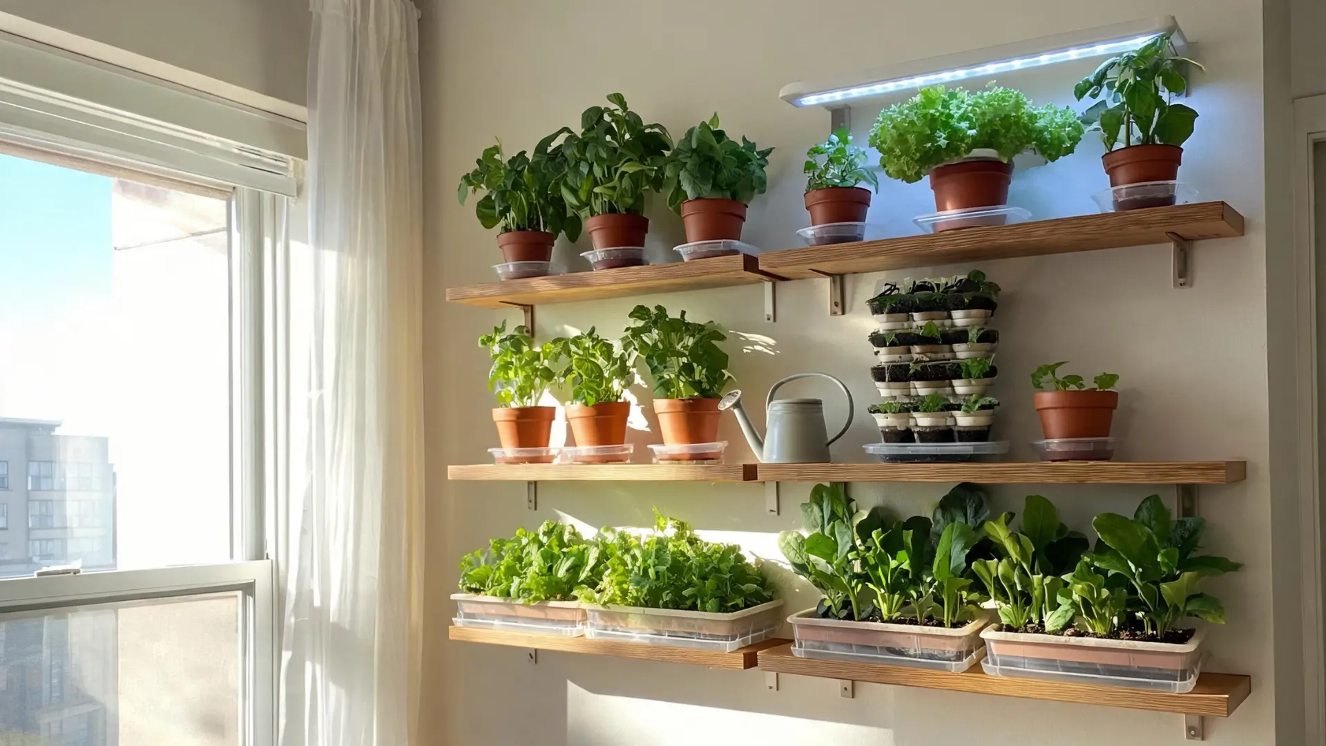 indoor gardening shelves hold leafy greens herbs and potted vegetables beside a sunny apartment window
