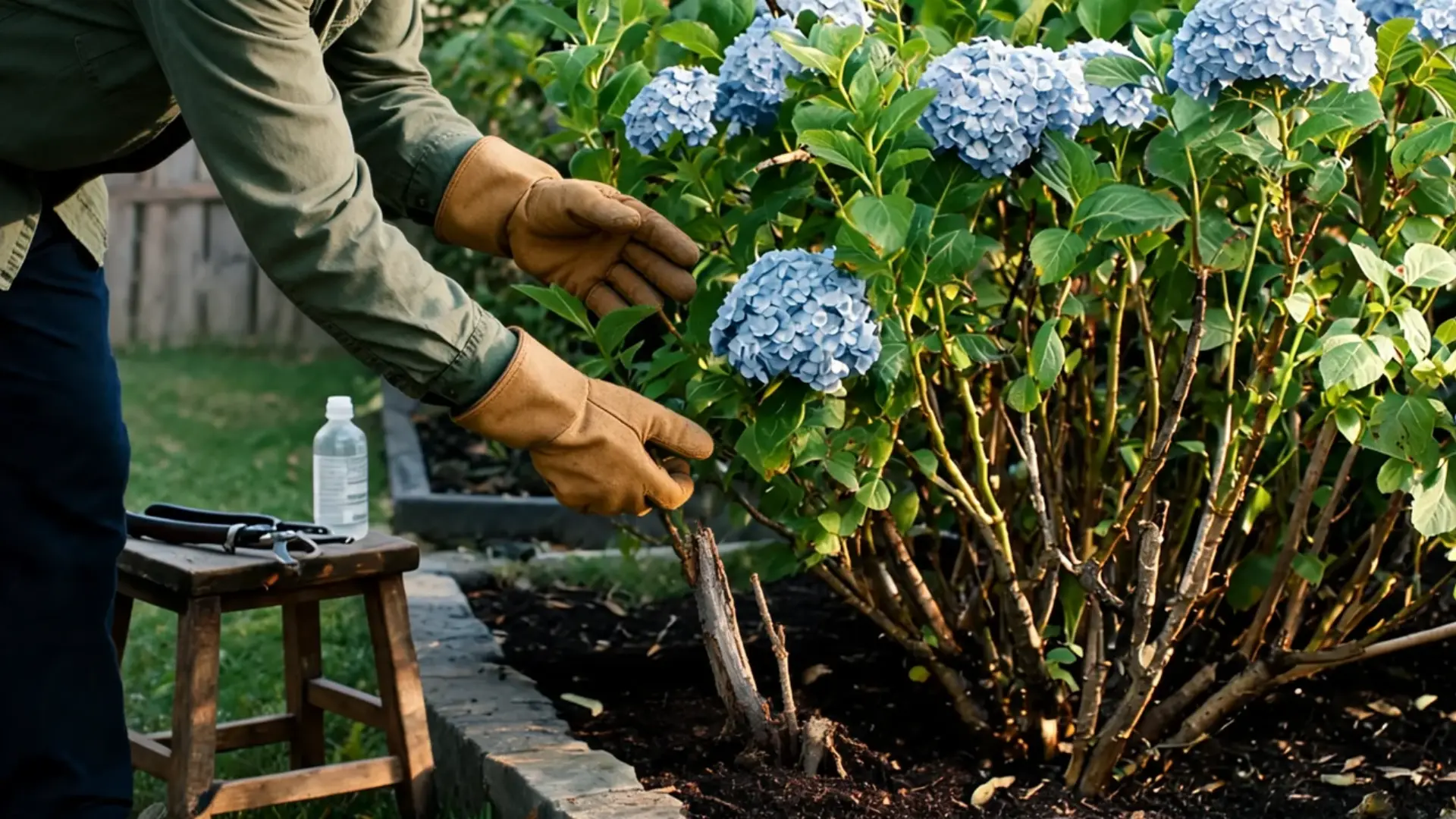 gardener inspecting the inner stems of a mature blue hydrangea shrub before careful pruning cuts
