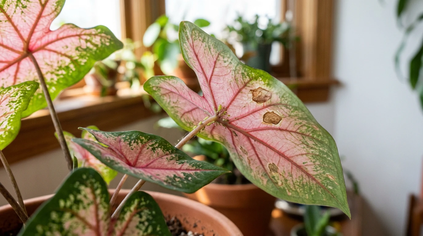 close view of pink caladium leaves with brown spots and tiny pests visible along the leaf veins indoors