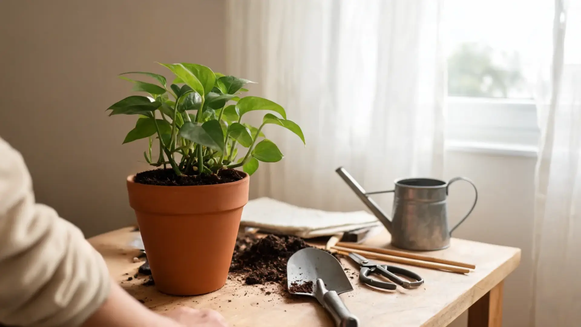 freshly repotted pothos resting in a terracotta pot beside gardening tools near a bright window