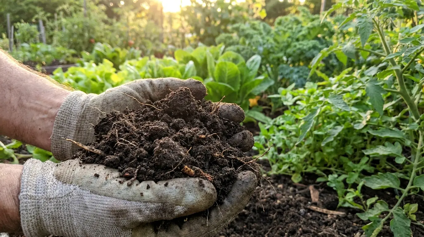 gardener holding dark, crumbly loamy soil above a healthy vegetable garden bed