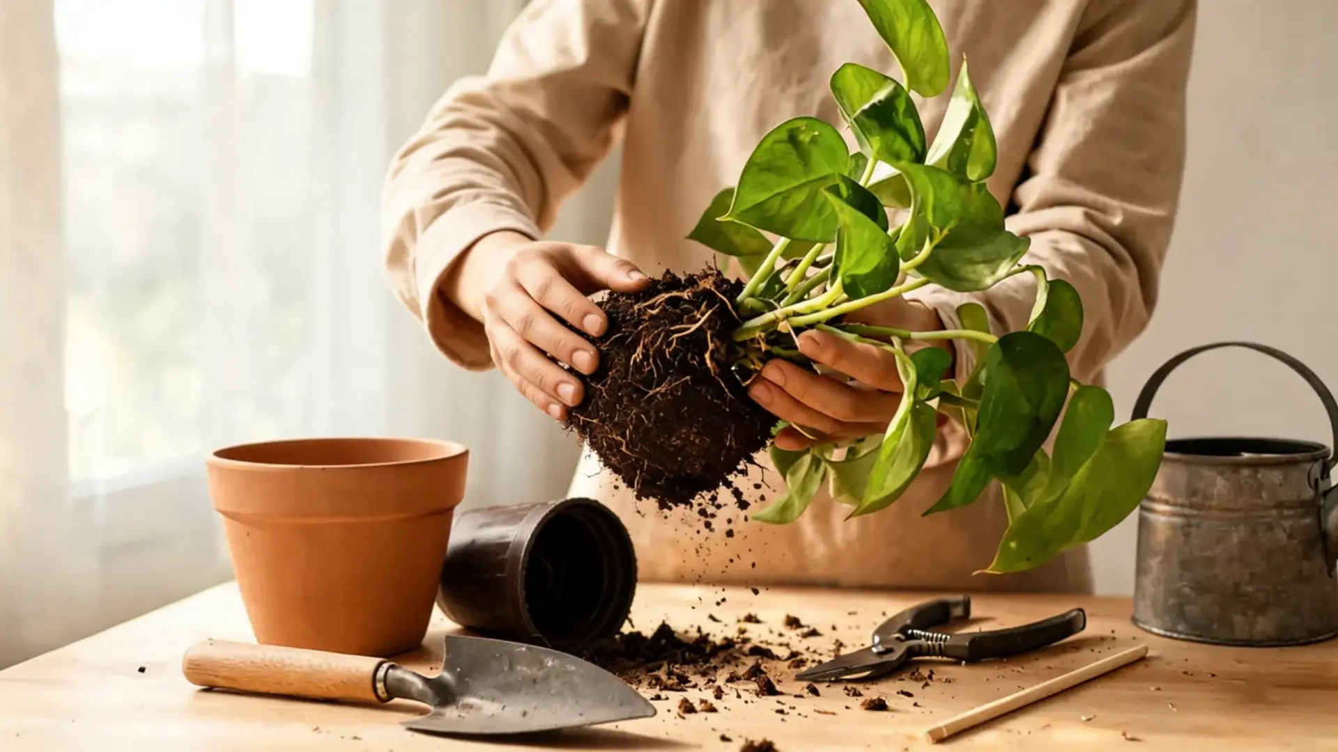 person loosening soil and roots from a pothos root ball beside an empty nursery pot and gardening tools