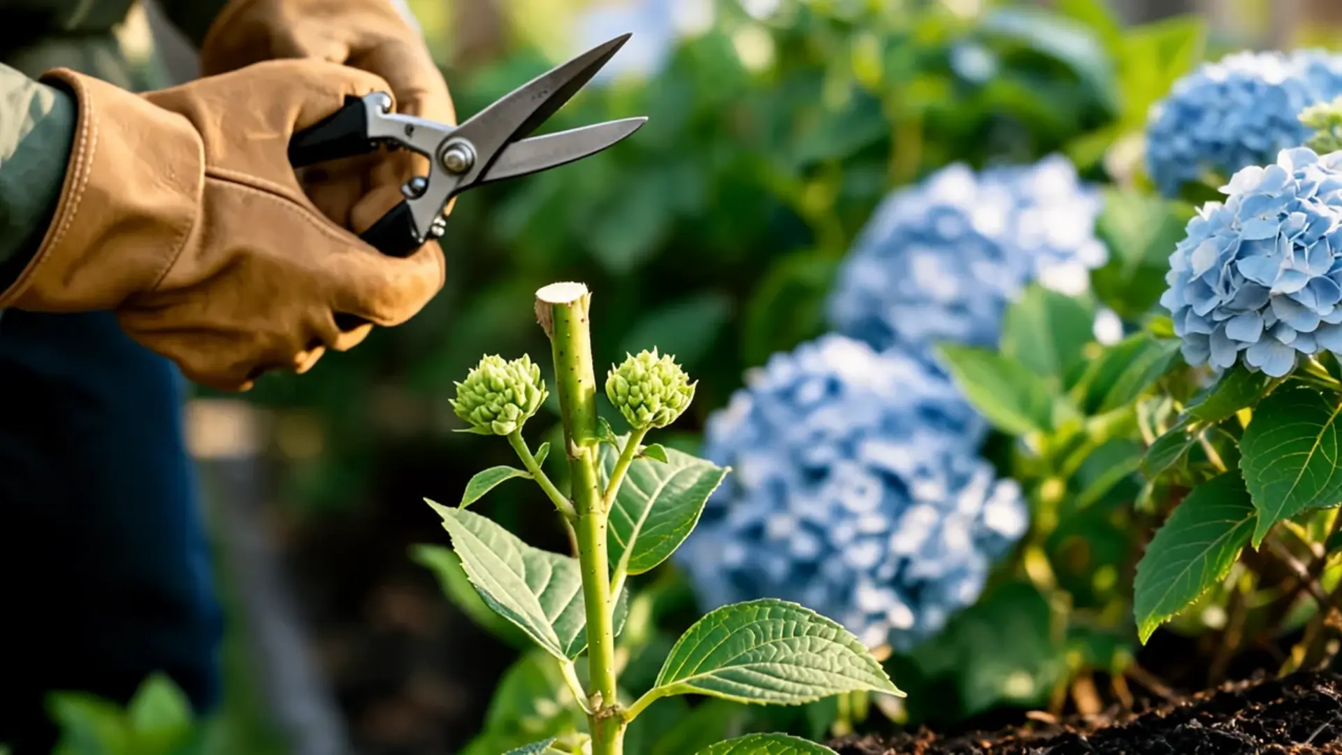 close view of gloved hands making a clean cut above a hydrangea bud with sharp pruning shears