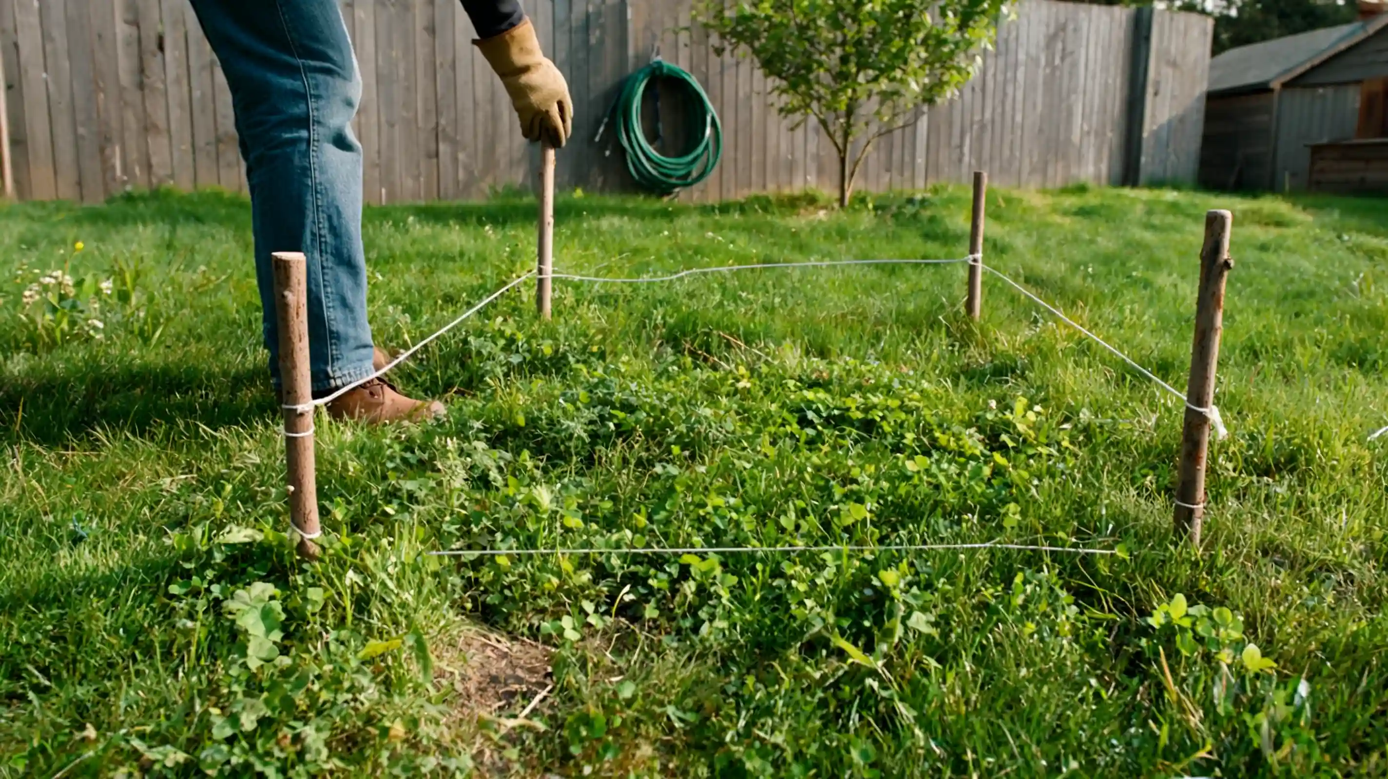 small backyard garden space marked with wooden stakes and string before building a no till garden bed