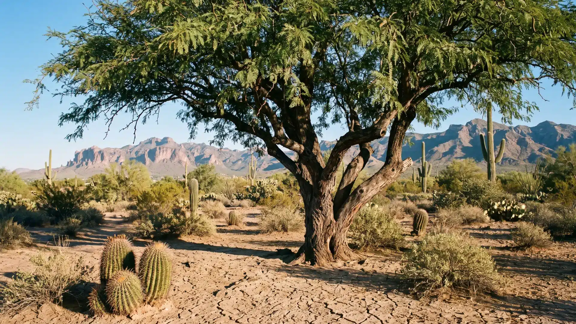 mature mesquite tree with a broad spreading canopy providing deep shade in a dry arizona landscape