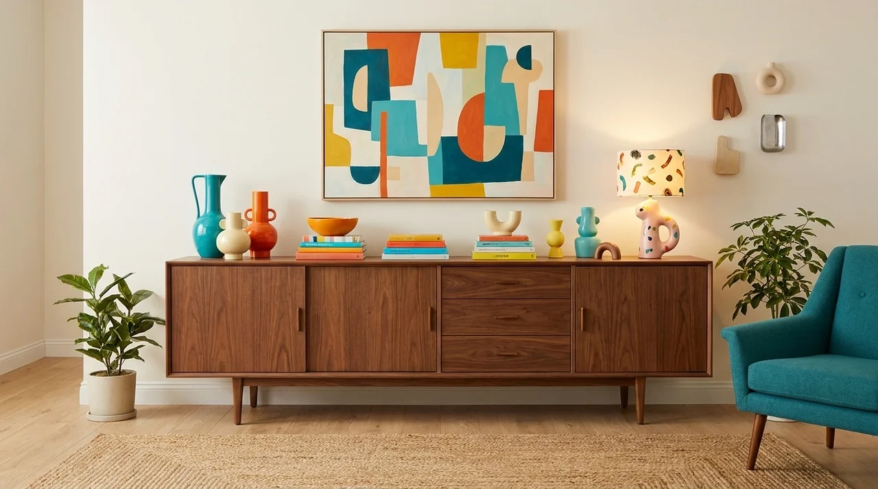 mid century cabinet with colorful decor in a warm eclectic room