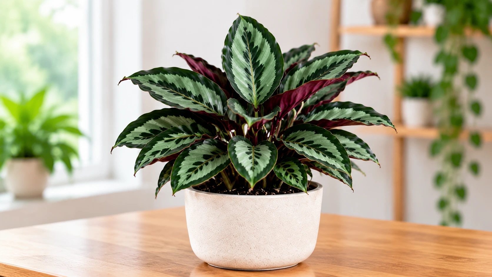 miniature calathea houseplant with broad dark green leaves and a soft velvety surface in a small pot