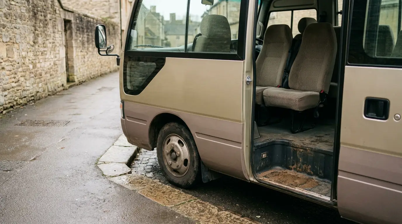 Open door of beige minibus parked on wet cobblestone street in historic town setting