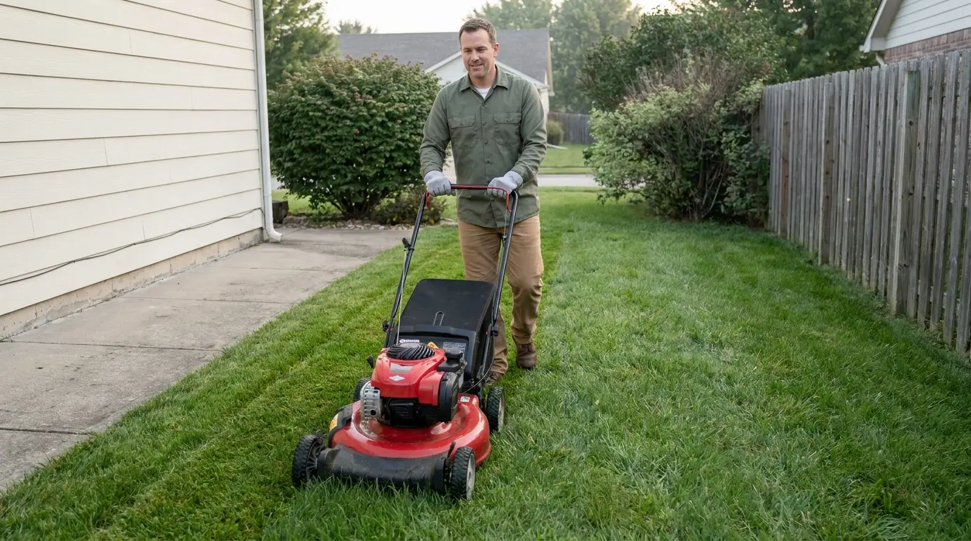 american homeowner mowing a suburban lawn at an even taller height beside a path and wooden fence