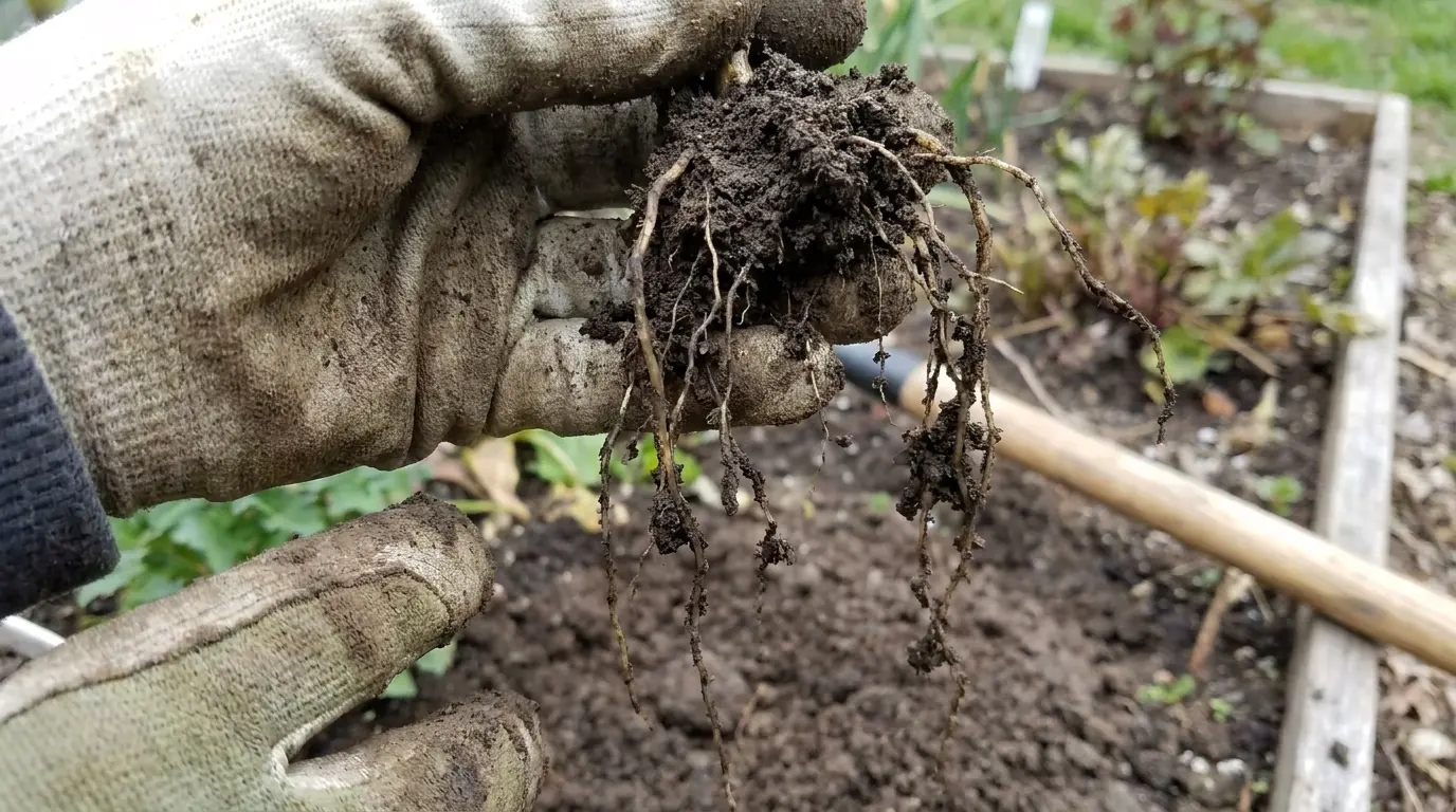 gardener wearing gloves holding a tomato plant root ball with thin dark mushy waterlogged roots