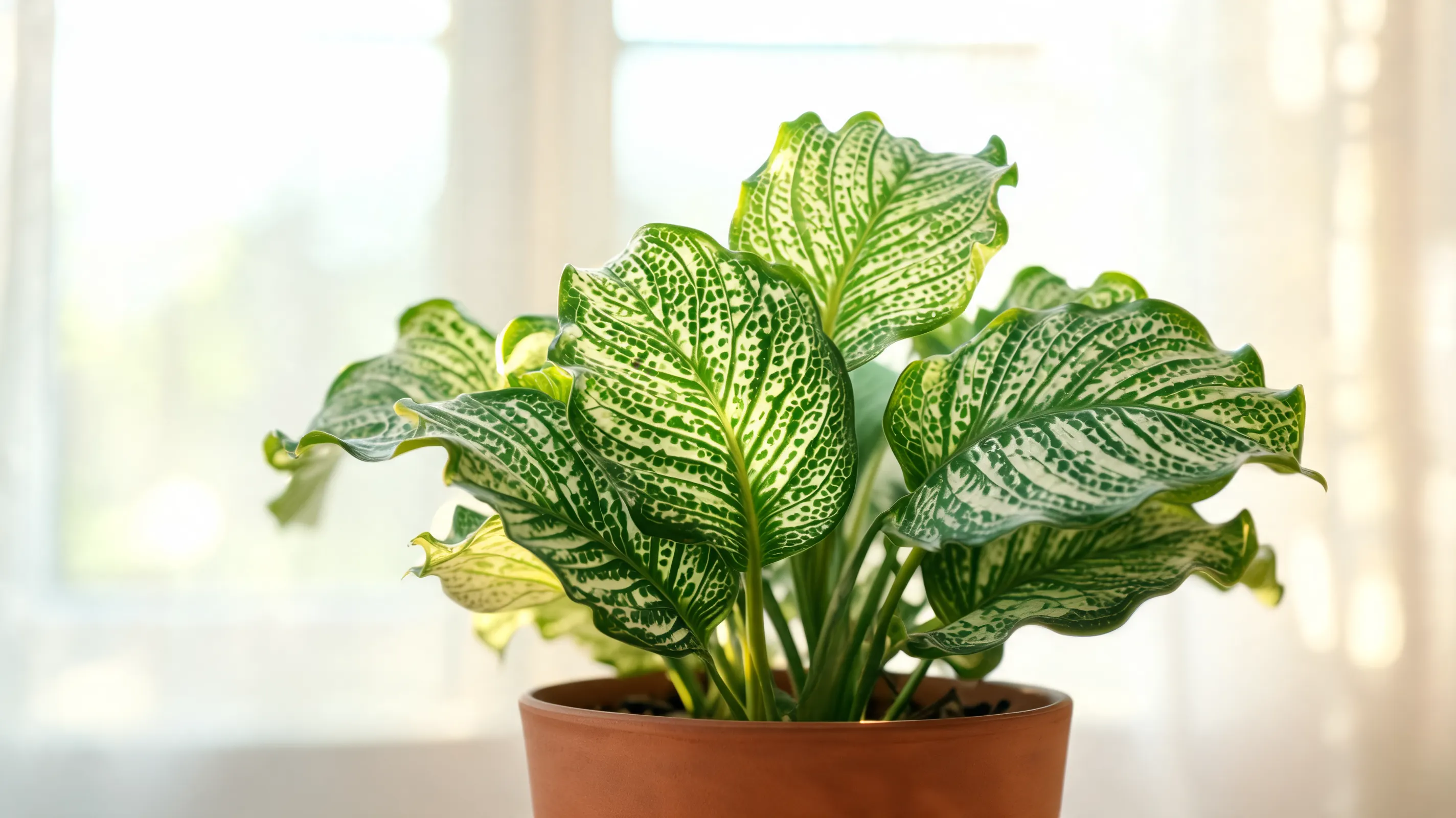 network calathea with glossy light green leaves covered in fine dark mosaic lines shown as a full plant