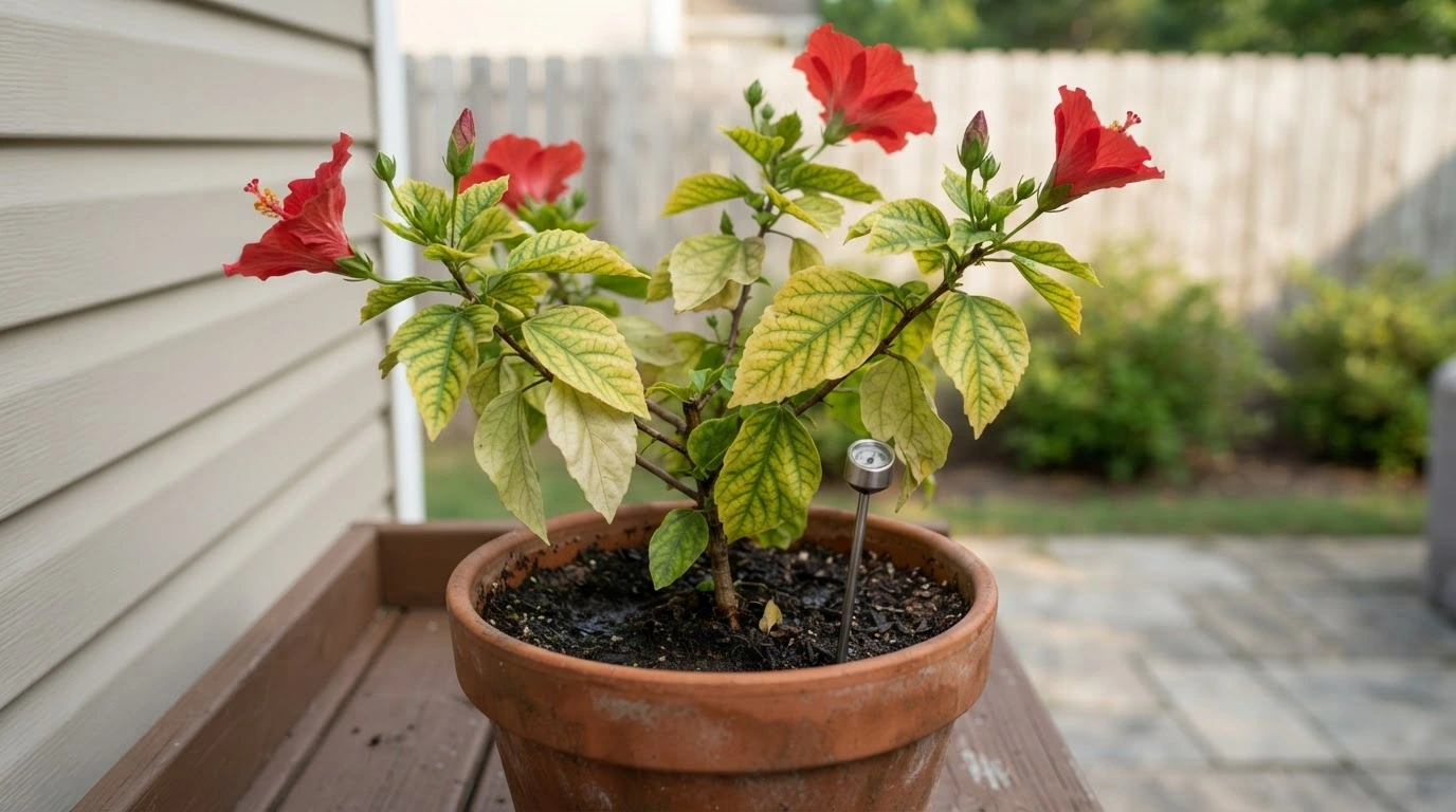 potted hibiscus with pale yellow leaves and green veins beside a soil ph probe on a garden bench