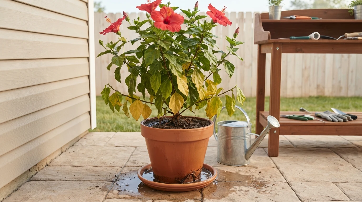 potted hibiscus with yellow lower leaves wet soil and standing water around the terracotta pot