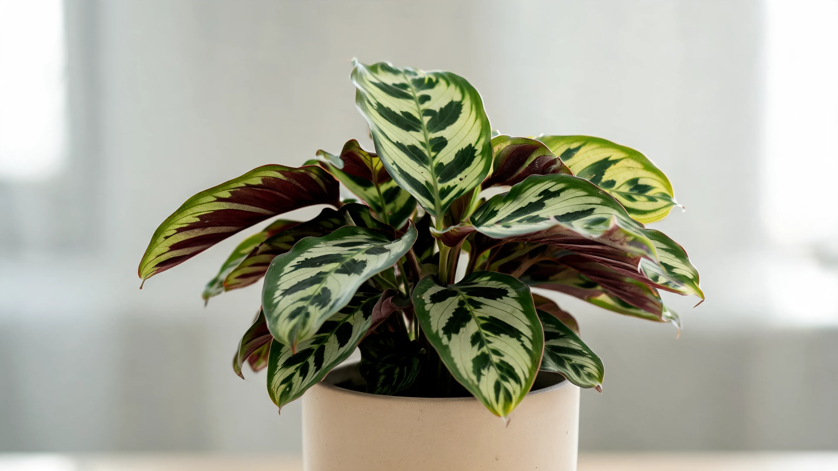 peacock plant with pale green leaves, dark oval markings, and reddish-purple undersides