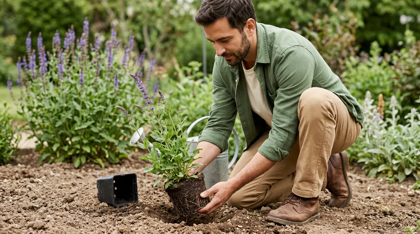 male gardener planting young salvia nemorosa root ball in soil beside nursery pot and watering can