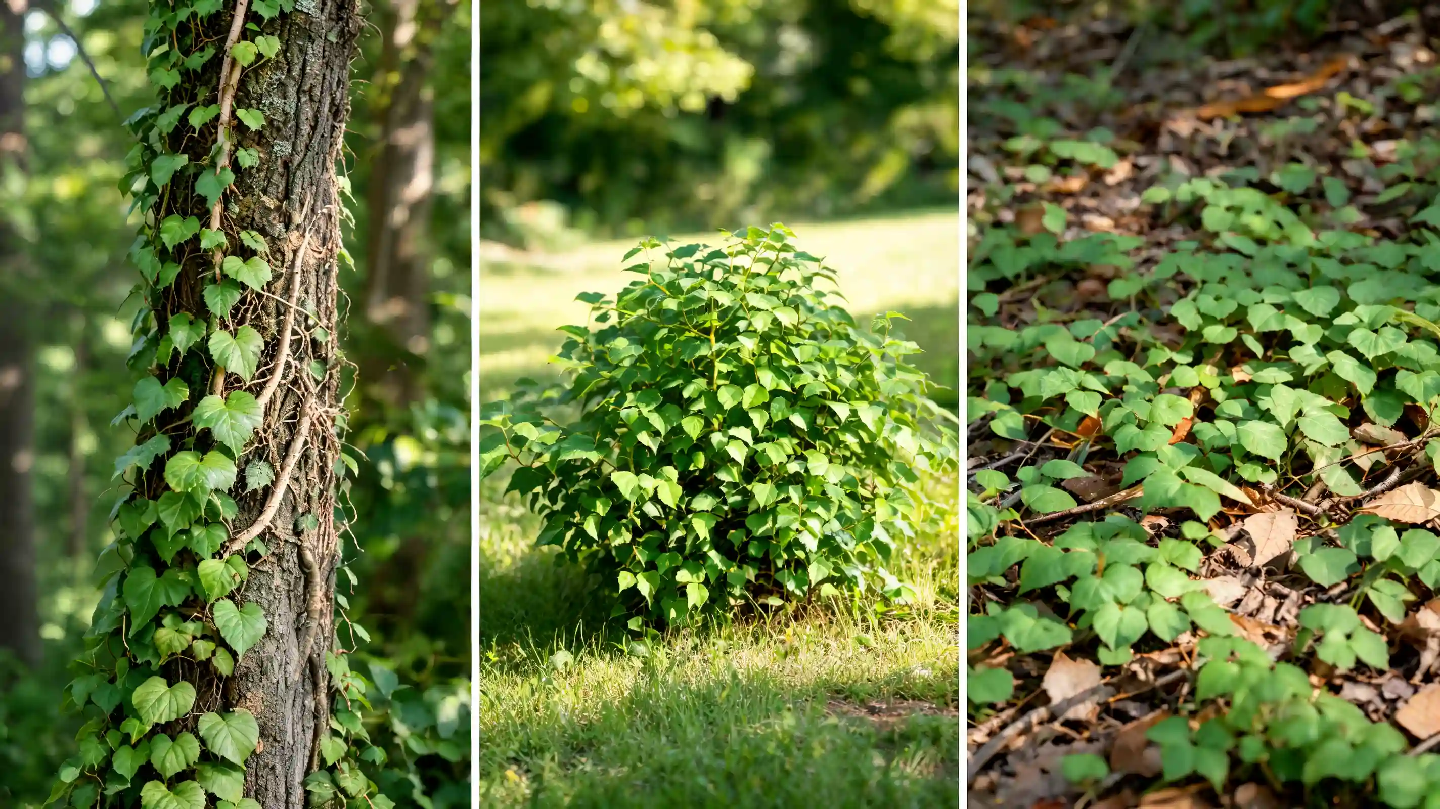 poison ivy shown growing as a climbing vine a low bushy shrub and a spreading ground cover patch
