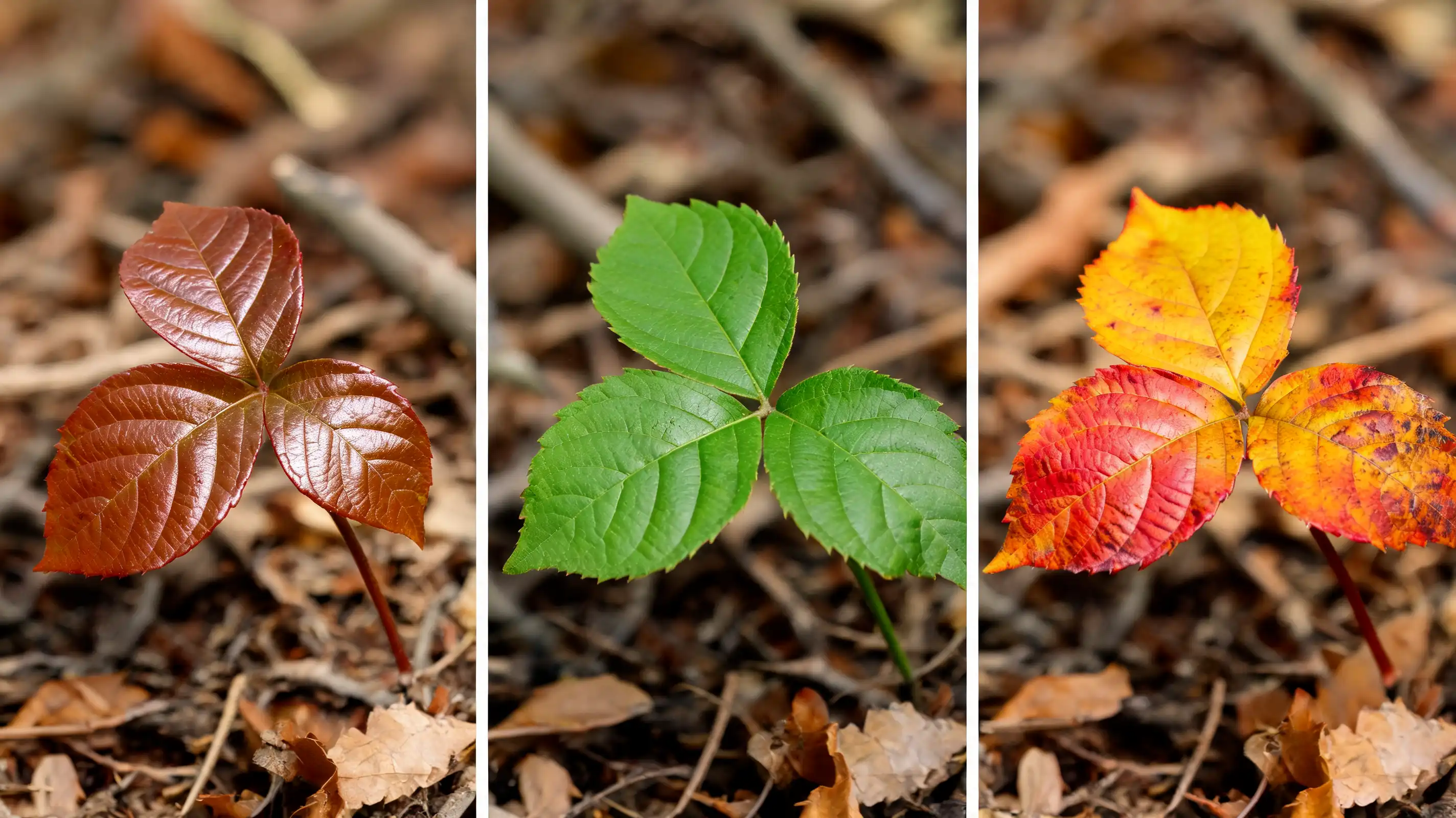 poison ivy leaves shown changing through spring summer and fall from reddish to green to orange