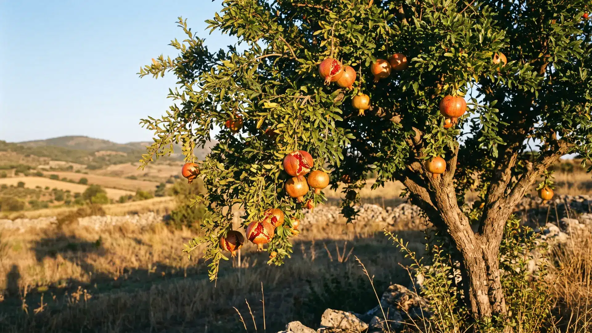 pomegranate tree with green leaves red flowers and ripe fruit growing in a sunny arizona home garden