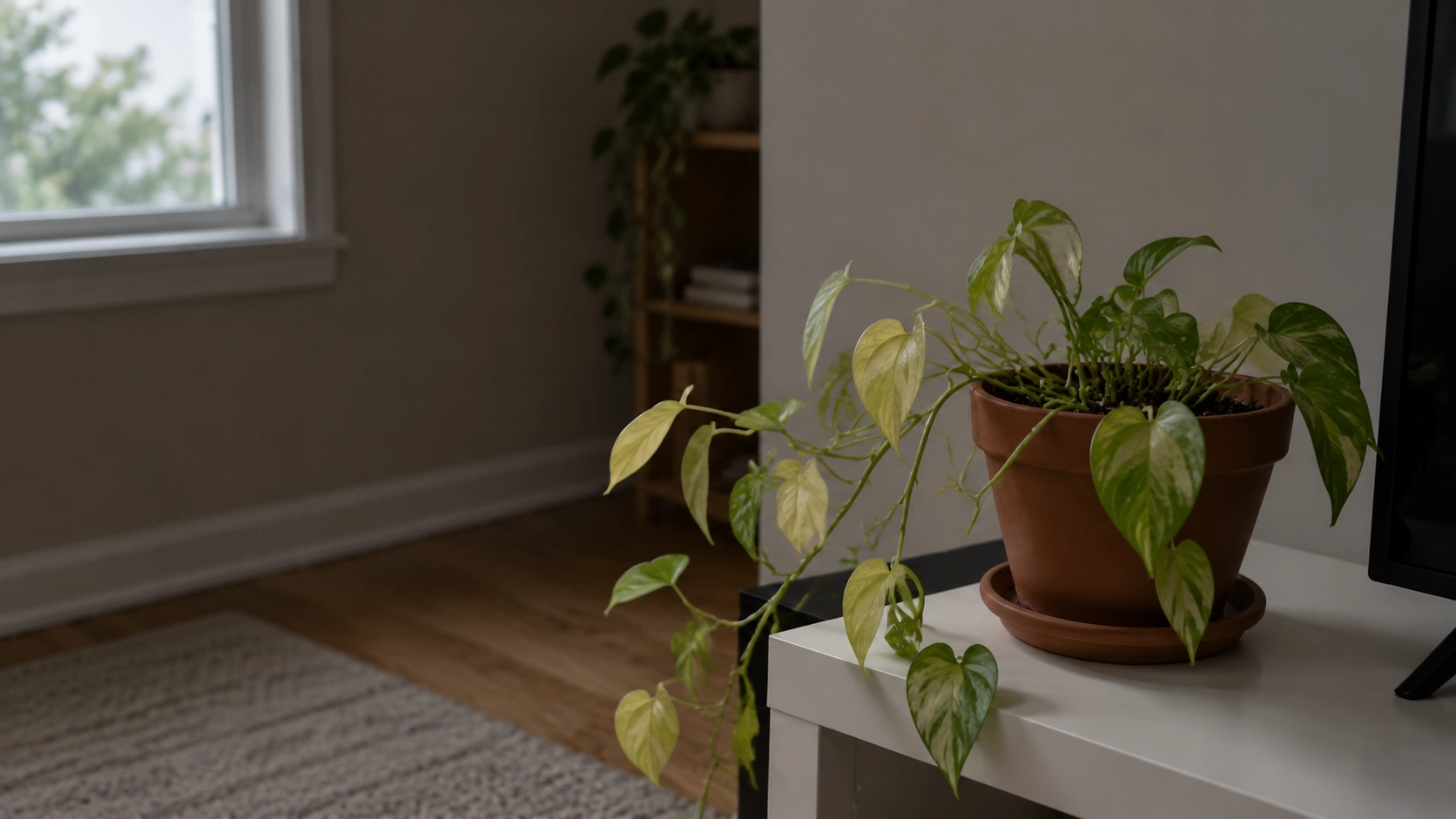 pale and wilted leggy pothos with yellowing leaves trailing from a pot in a dim indoor room