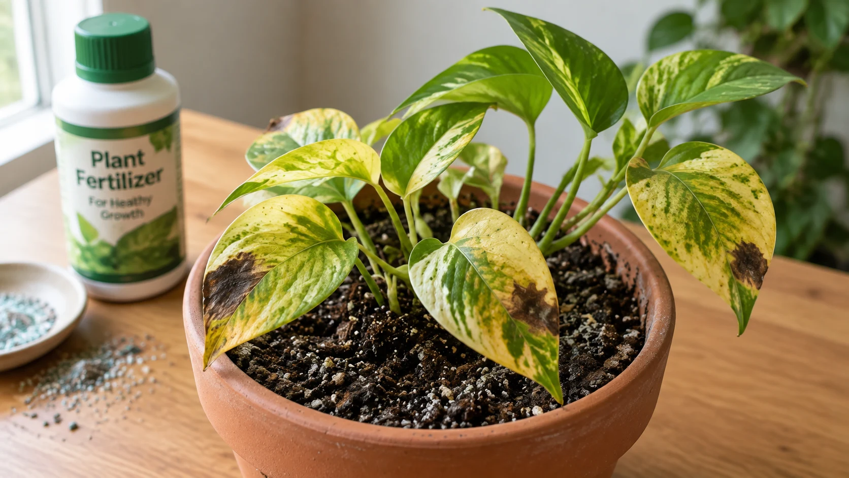 pothos leaves with brown scorched patches next to a plant fertilizer bottle showing signs of nutrient stress