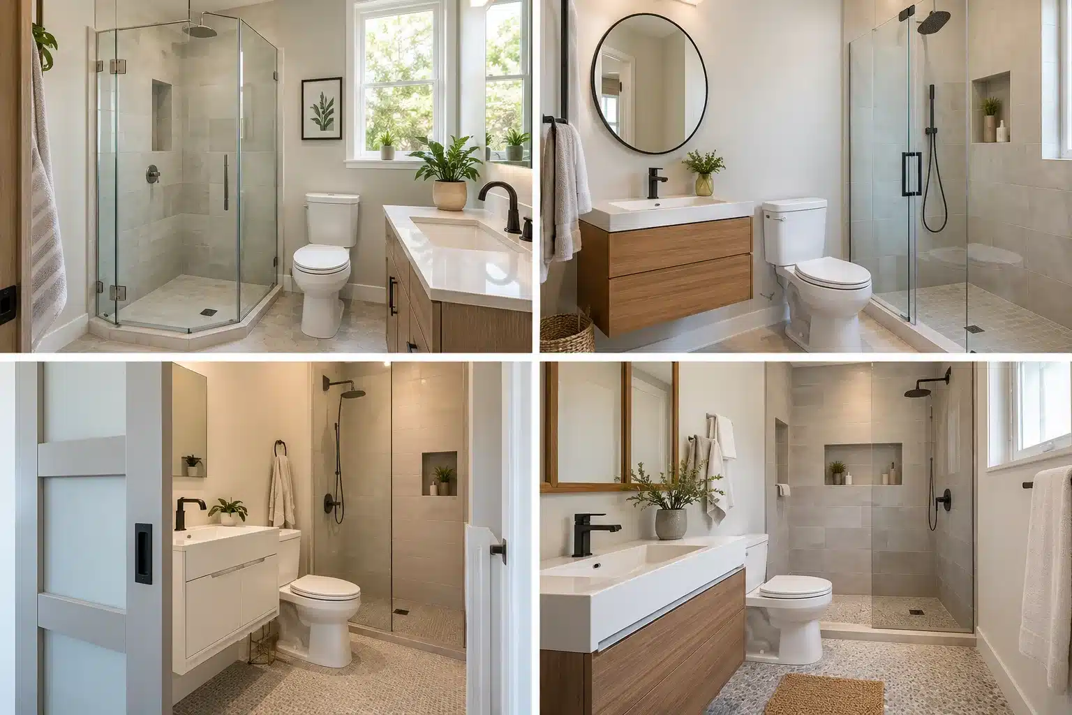 collage showing compact three quarter bathrooms with corner showers floating vanities and recessed storage