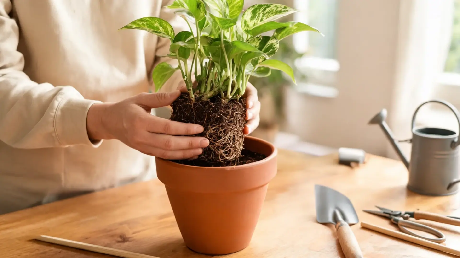 person positioning a pothos root ball inside a terracotta pot on a wooden table with gardening tools