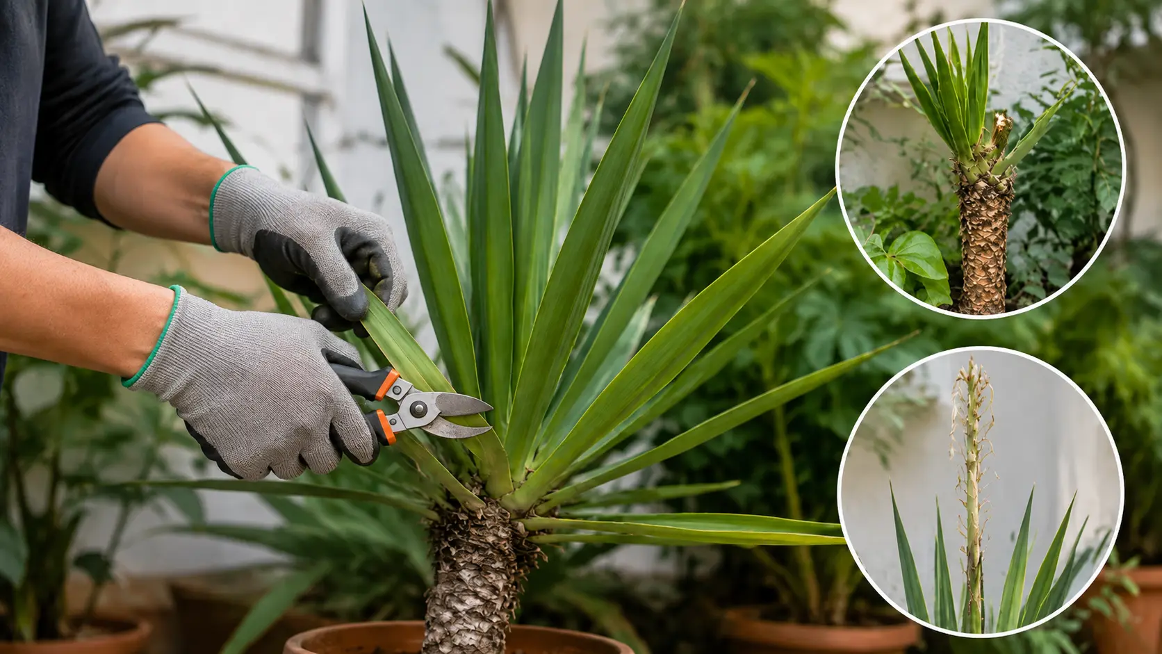 gardener pruning yucca plant with gloves removing old leaves for healthy plant growth in natural garden