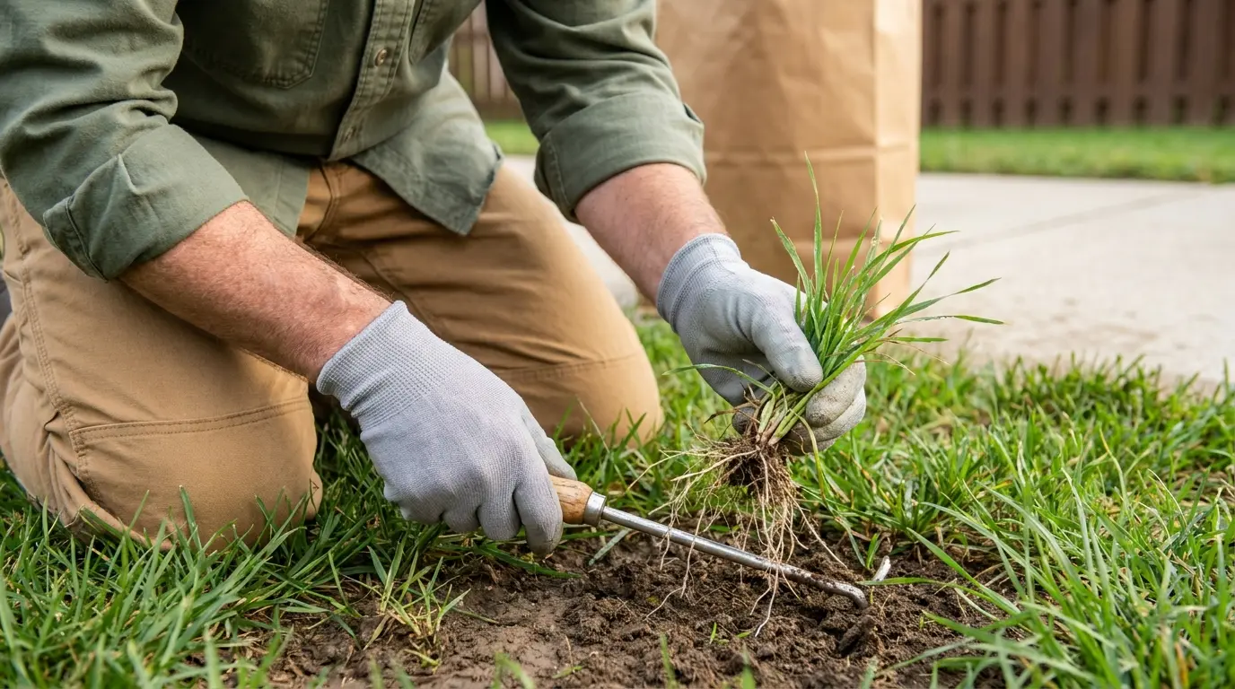 gloved homeowner lifting young crabgrass with roots from damp soil using a narrow hand weeder