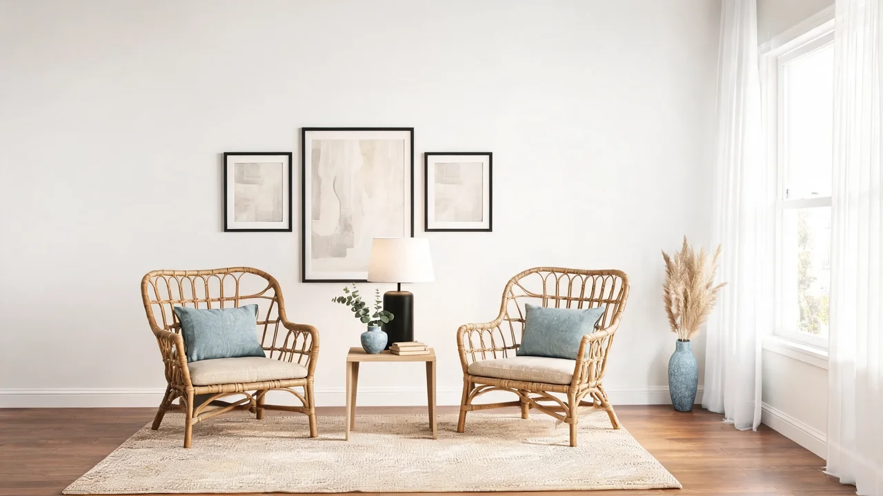 rattan chairs with black framed art in a light structured eclectic room