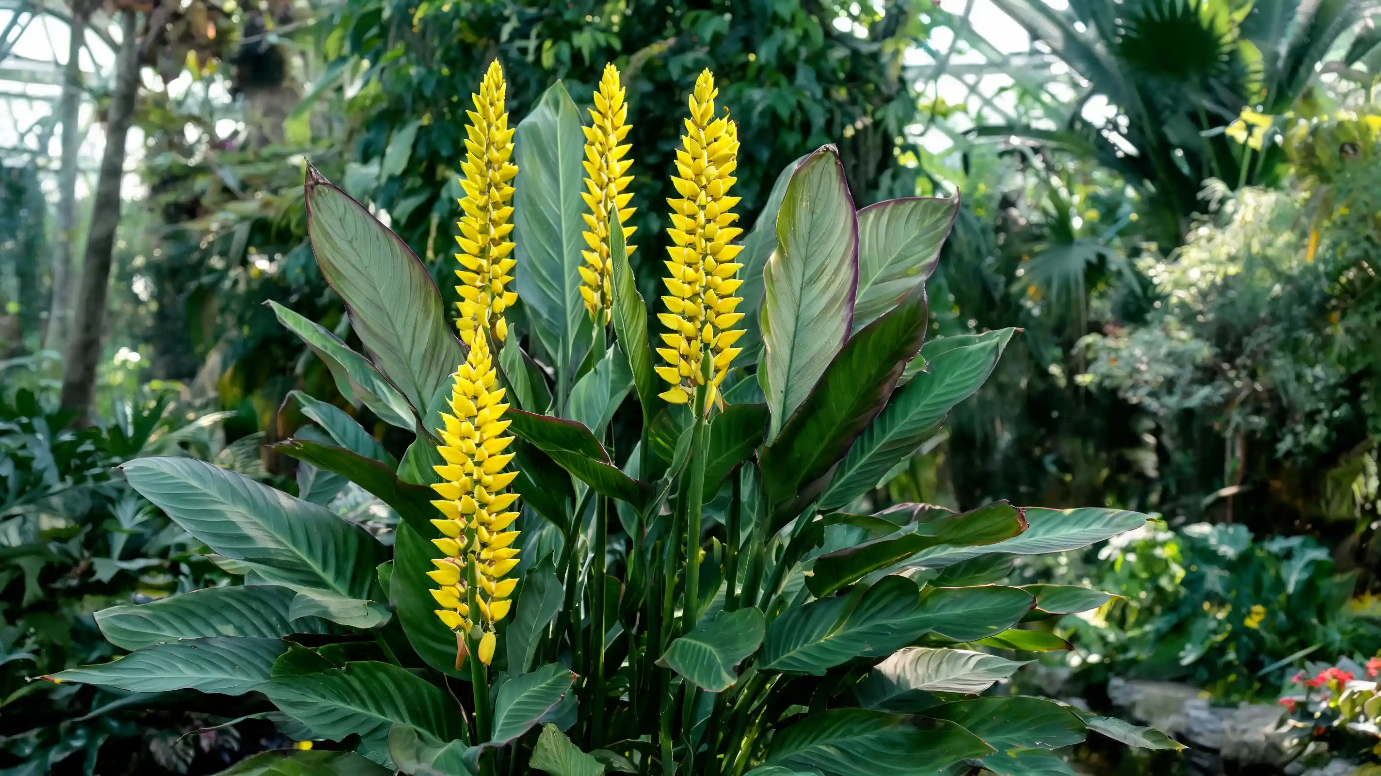 rattle shaker calathea with large green leaves and upright stacked yellow bracts shown as a full plant