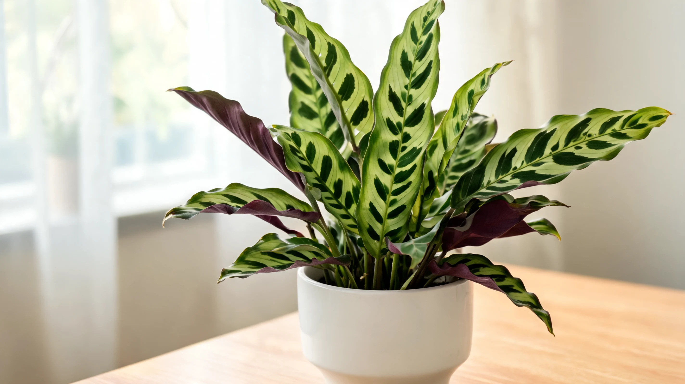 rattlesnake plant with long wavy green leaves, dark oval markings, and deep purple undersides
