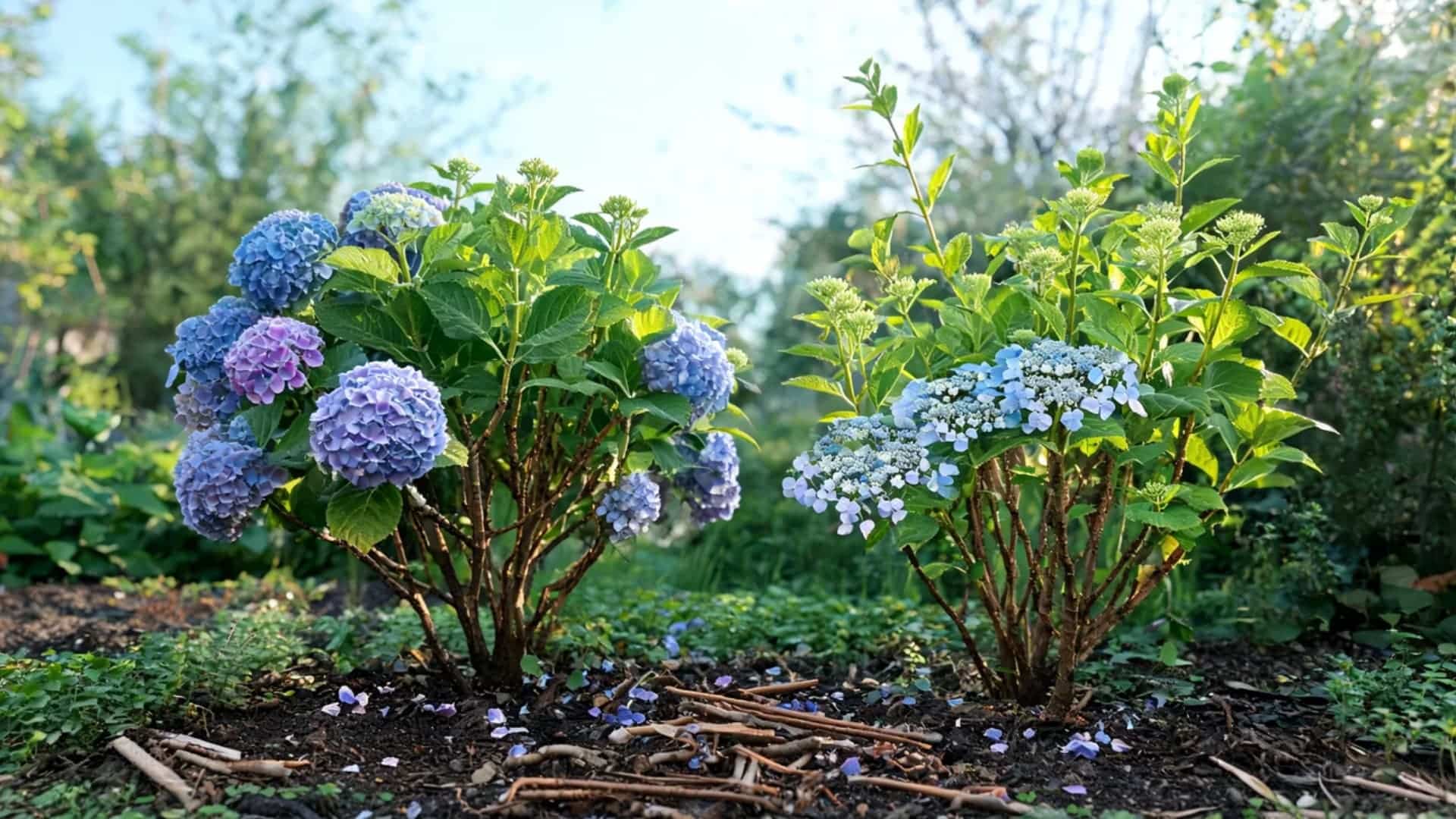 two healthy hydrangea shrubs with blue and purple flowers growing in a sunny mulched garden bed
