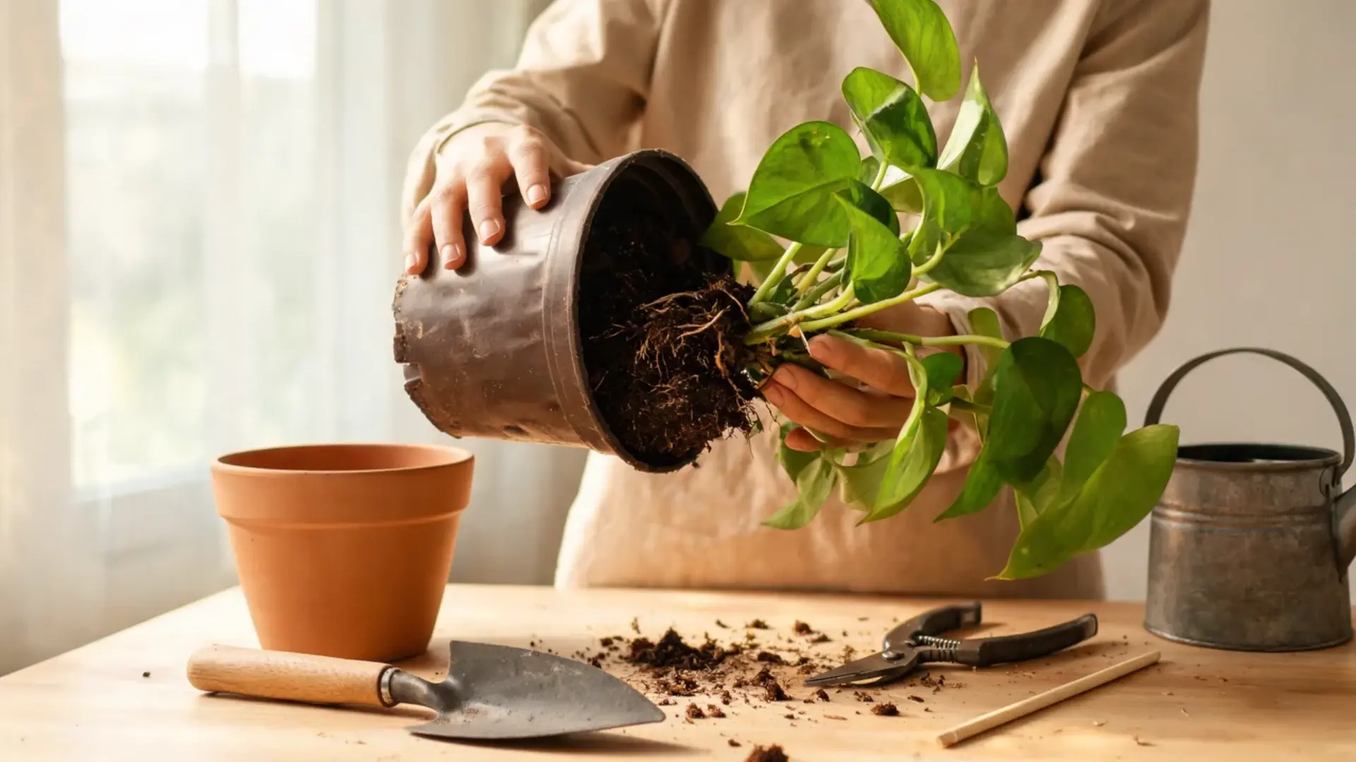 person removing a pothos from a dark nursery pot beside a terracotta pot and real gardening tools