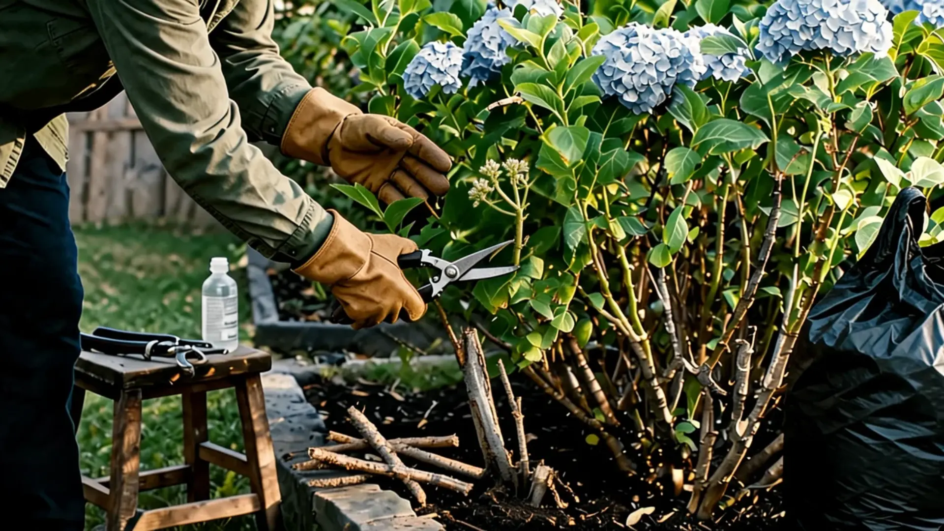 gardener removing weak and unhealthy stems from a blue hydrangea shrub with sharp pruning shears