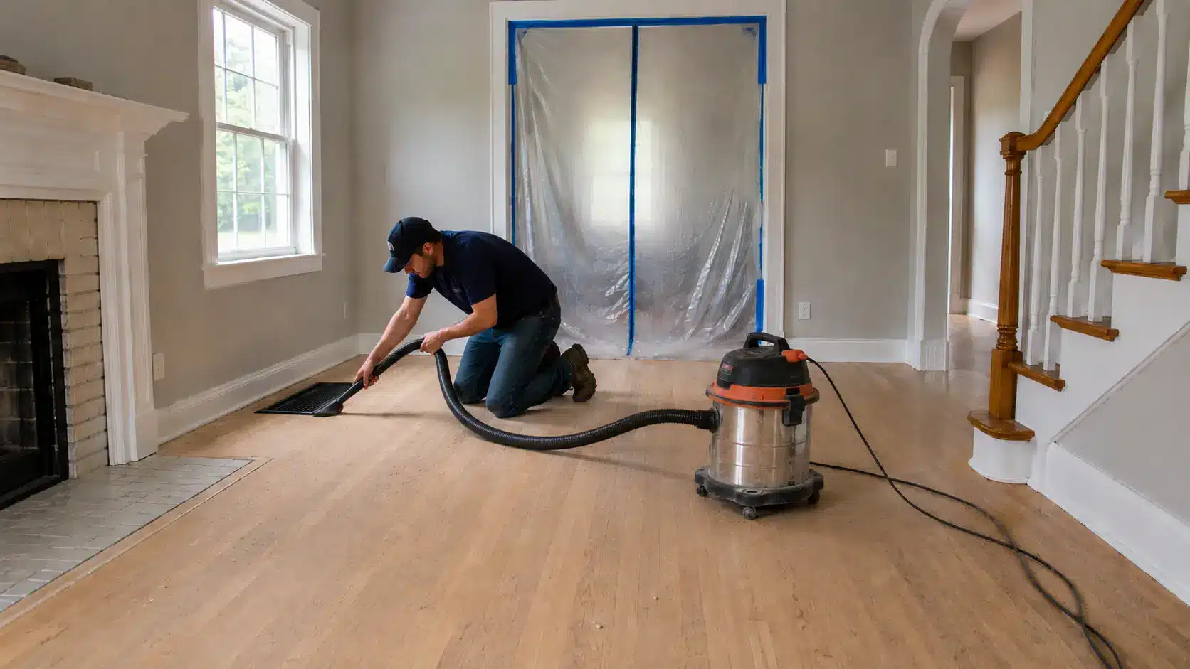 worker repairing and cleaning a hardwood floor with a shop vacuum before the next refinishing stage