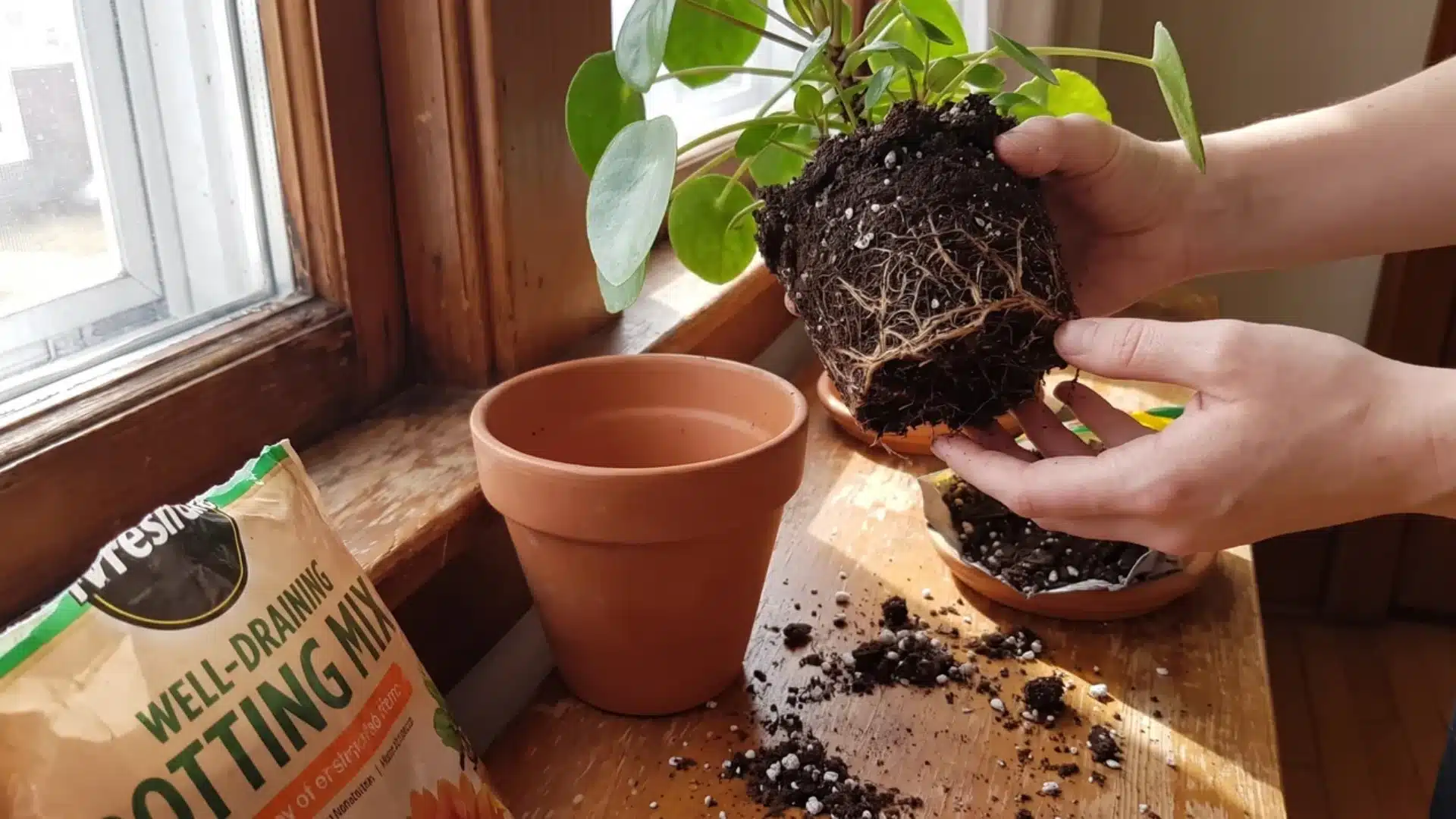 hands holding a plant with exposed roots beside an empty pot and a bag of fresh potting soil