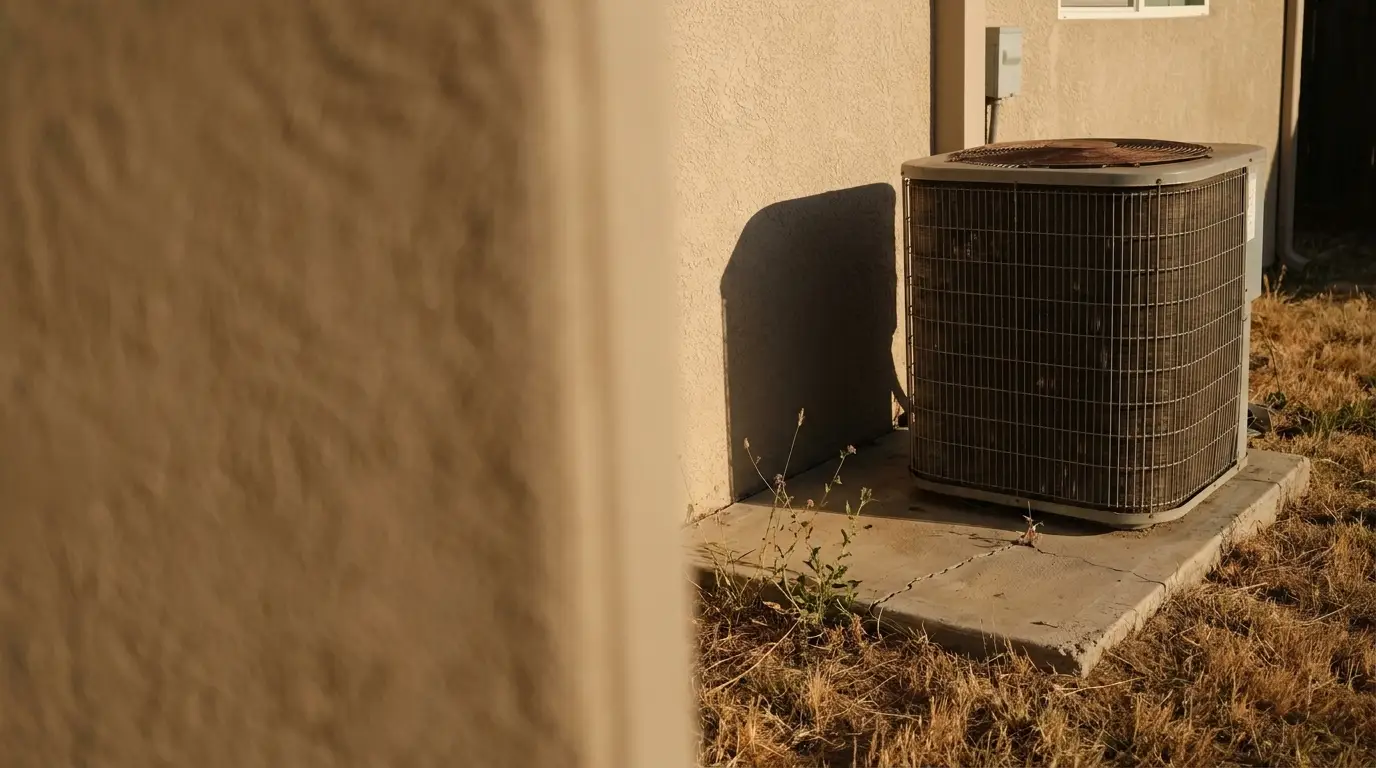 Air conditioning unit outside house on concrete slab with dry grass in afternoon light