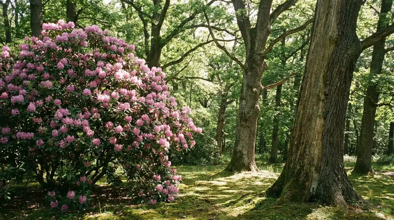 Pink rhododendron bush in a sunlit forest with moss-covered ground and tall trees