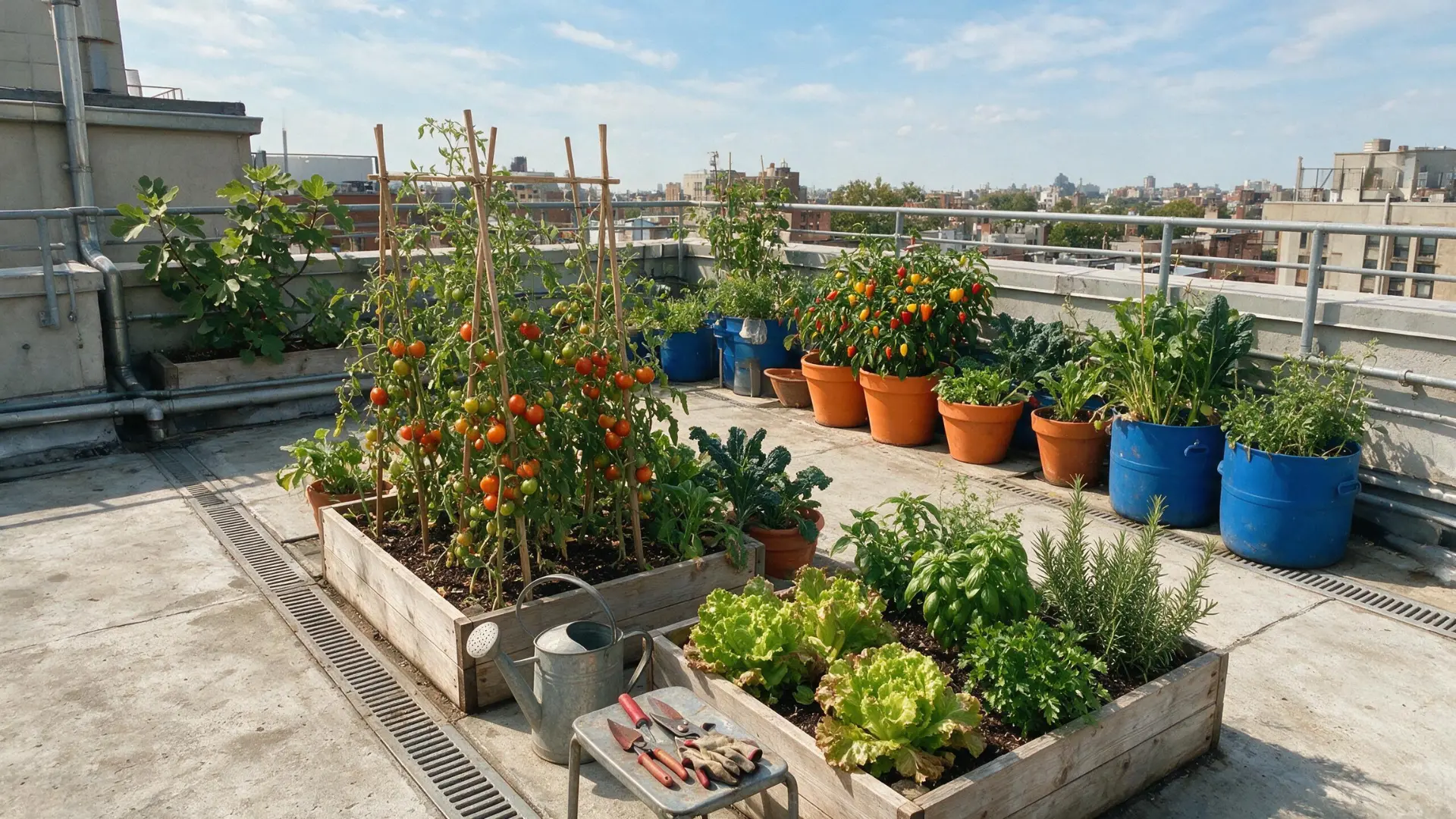 rooftop garden with tomatoes herbs and leafy greens growing in raised beds and containers above the city